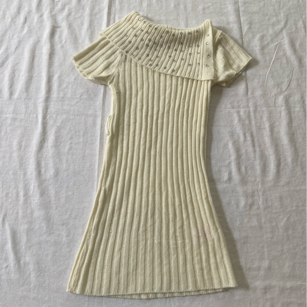 Cream Ribbed Knit Longline Sweater Top Off Shoulder Short Sleeve Jrs M 5 6